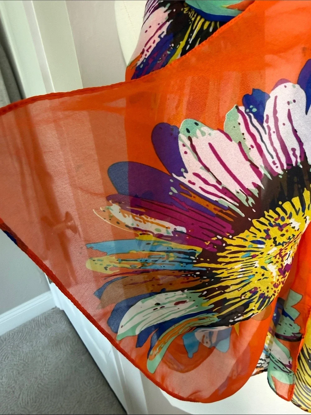 Colorful orange daisy print sheer scarf